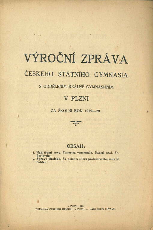 Výroční zpráva českého státního gymnasia s oddělením reálně gymnasijním v Plzni : za školní rok 1919-20